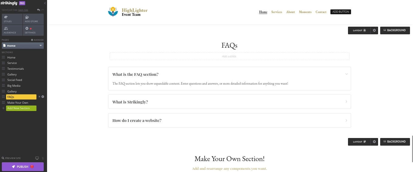 null Accordian Style FAQ section on Strikingly